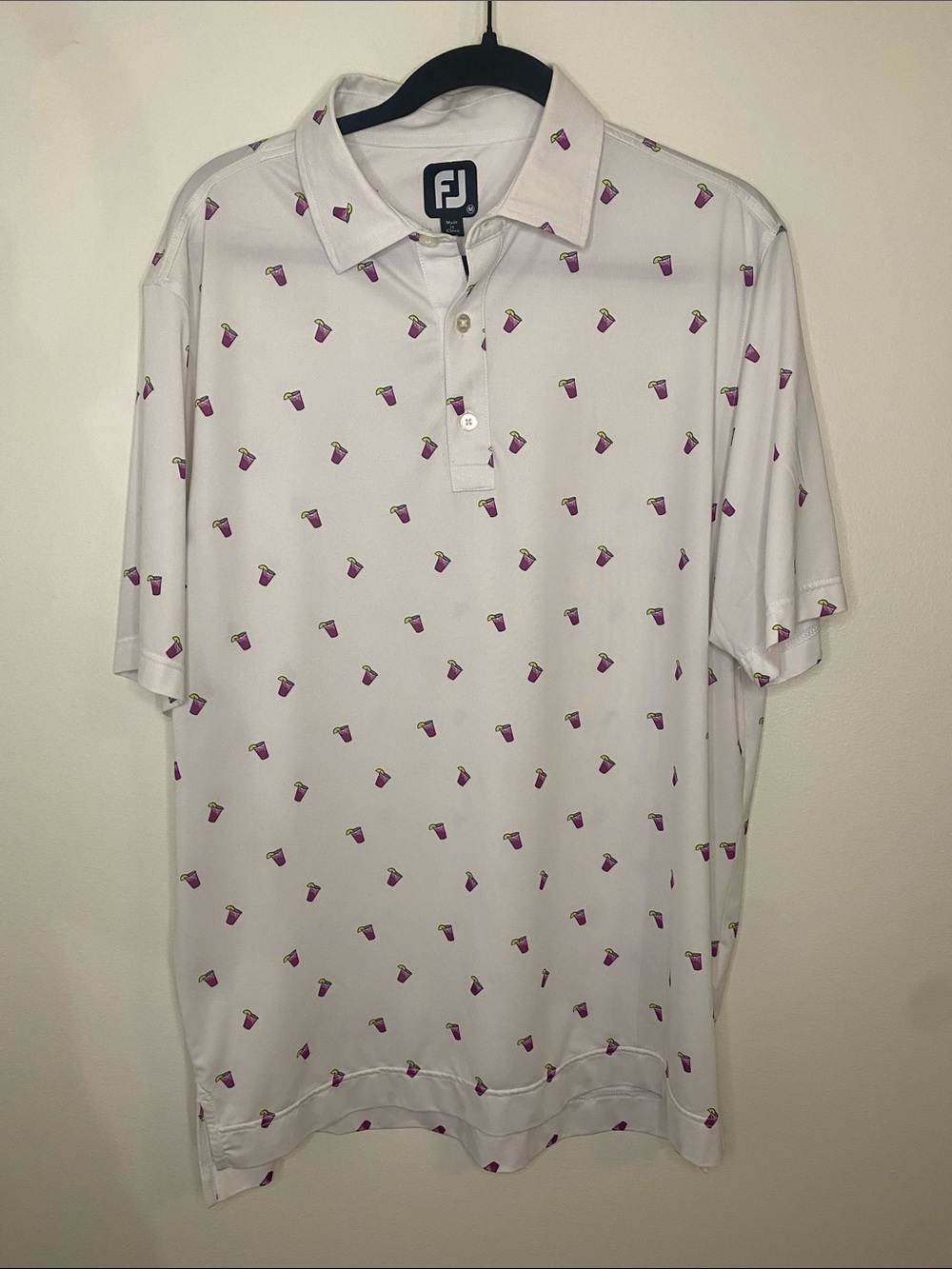 FootJoy Men's White Golf Polo Logo Transfusion Drink Pattern Medium